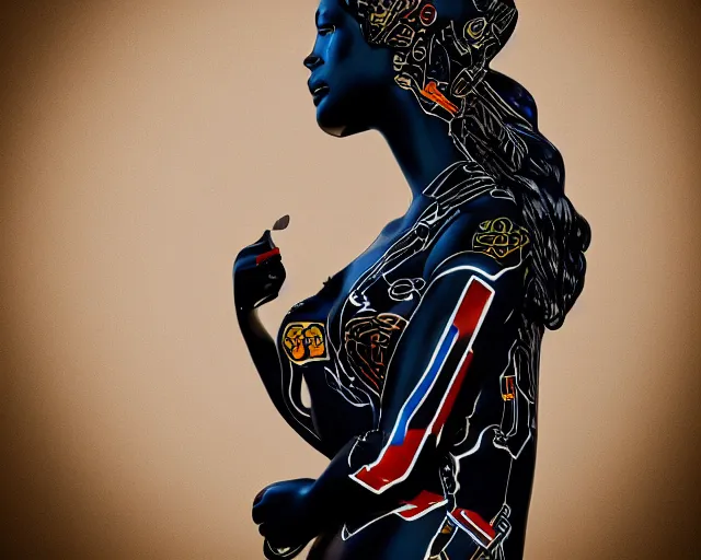 Prompt: very beautiful black marble female statue with colorful motorcycle logos in the style of matthew williams, alyx, givenchy, sharp focus, clear, detailed, cinematic, glamourous, symmetrical, vogue, editorial