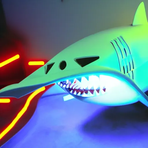 Prompt: action photo of robot shark emitting an neon light from its eyes, from nature journal, 1 / 1 0 0 0 sec shutter, action photo