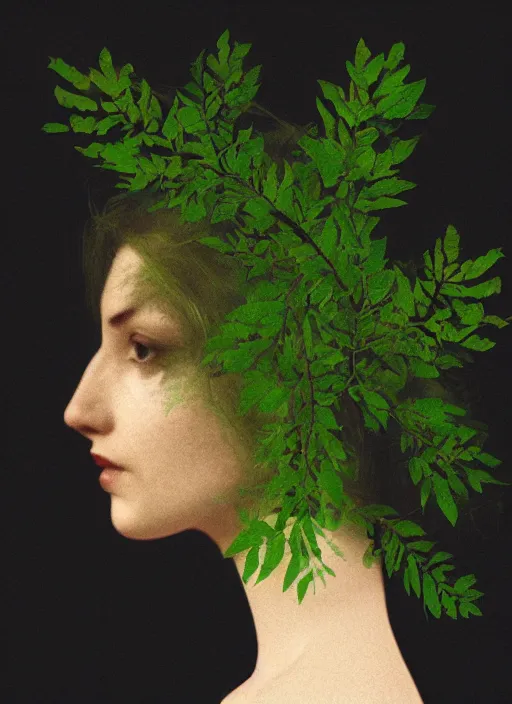 Image similar to a woman's face in profile, made of luminescent foliage, in the style of the Dutch masters and Gregory Crewdson, dark and moody, plain black background