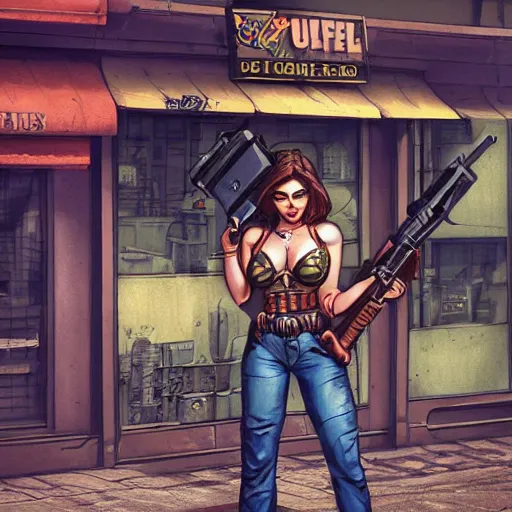 Prompt: a woman with large chest and a big gun, painted in comics style in front of the shop marked with sign Daniel Vavra highly detailed, intricate, concept art, game art, octane render, 8k, unreal engine