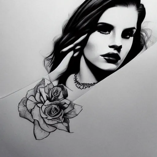 Image similar to Lana del rey tattoo design, photorealistic, dramatic