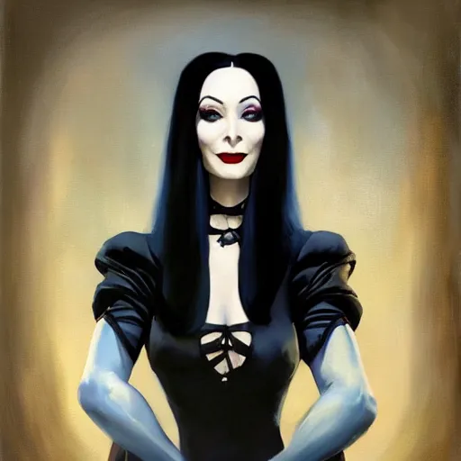 Image similar to greg manchess portrait painting of morticia from addams family as overwatch character, medium shot, asymmetrical, profile picture, organic painting, sunny day, matte painting, bold shapes, hard edges, street art, trending on artstation, by huang guangjian and gil elvgren and brom