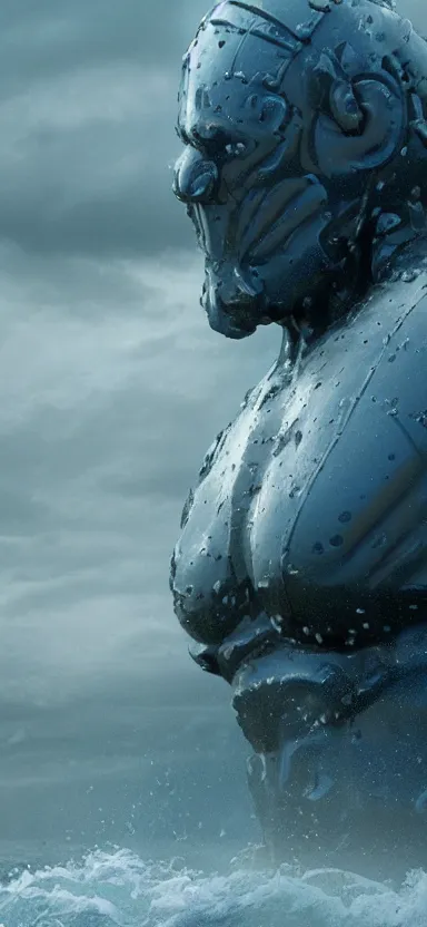 Image similar to colossus made of water, made of liquid, rising up from ocean, water armor, high detail, high contrast, close up portrait, studio lighting, stormy seas, beautiful, bokeh, snowy, storm clouds, god rays, d & d, fantasy, elegant, aquamarine color palette, concept art, roger deakins and greg rutkowski and alphonse mucha