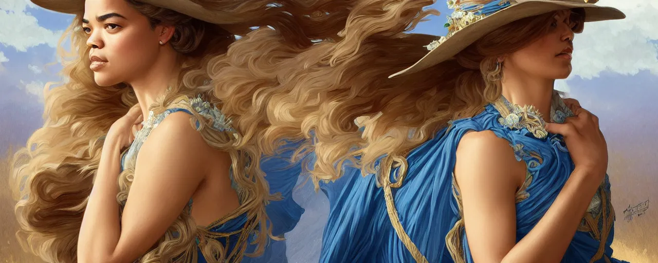 Image similar to full figure ultra realistic illustration, tessa thompson wearing a maiden blue dress, blonde flowy hair, old west, intricate, elegant, highly detailed, digital painting, artstation, concept art, smooth, sharp focus, illustration, art by artgerm and greg rutkowski and alphonse mucha