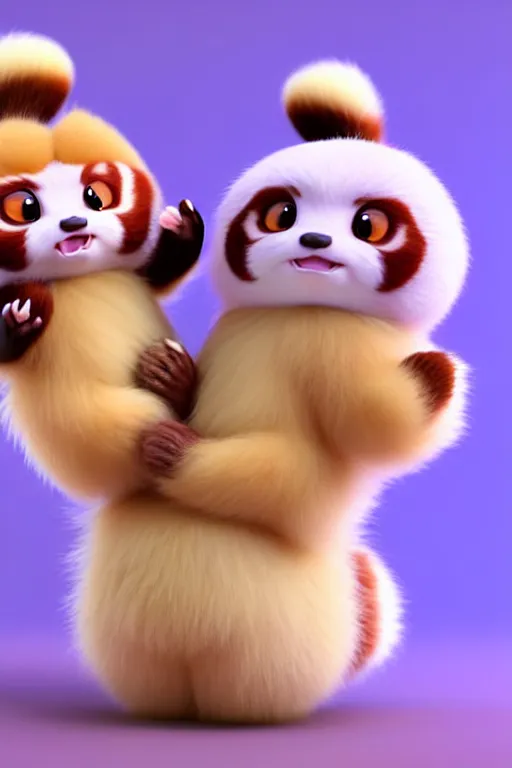 Prompt: high quality 3 d render hyperrealist very cute pastel fluffy! red panda & tarsier hybrid suspicious eating giant ice cream, vray smooth, in the style of detective pikachu, hannah yata, very dramatic light, low angle, uhd 8 k, shallow depth or field