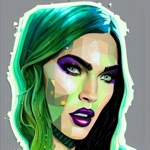 Image similar to Megan Fox as gamora (Guardians of the Galaxy) by Sandra Chevrier, beeple, Pi-Slices and Kidmograph, beautiful digital illustration