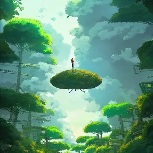 Image similar to a beautiful movie still in the style of Studio Ghibli anime showing a giant alien creature flying through a post-apocalyptic Singapore overrun with vegetation. Studio Ghibli, trending on artstation, trending on behance