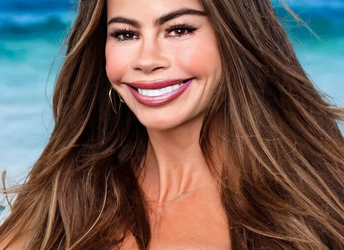 Image similar to close up portrait photograph of Sofia Vergara!!! sunbathed skin, symmetric face!!! with deep green ((Symmetric round eyes!!! )) . Wavy long hair. she looks directly at the camera. Slightly open mouth, face takes up half of the photo. an ocean visible in the background. 55mm nikon. Intricate.