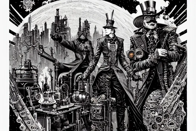 Prompt: a majestic steampunk alchemist wizard table, high details, bold line art, by vincent di fate and joe fenton, inking, etching, screen print, masterpiece, trending on artstation, sharp, high contrast, hyper - detailed,, hd, 4 k, 8 k