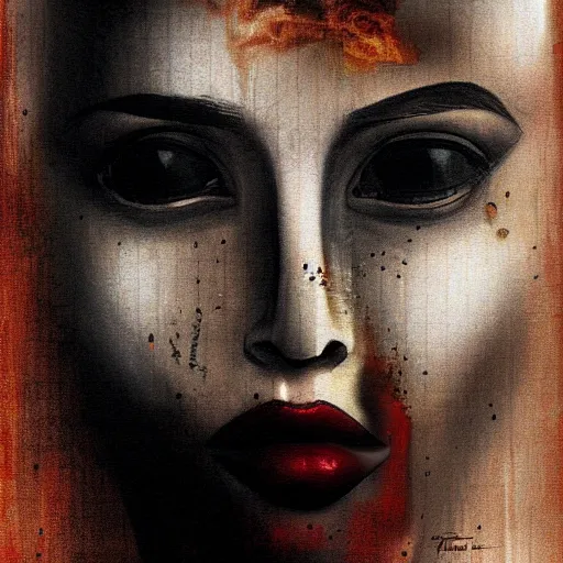 Image similar to a portrait of a beautiful young woman made of smoke and ember, visions of tomorrow, subtle smile in mysterious shadow, high contrast, by enki bilal