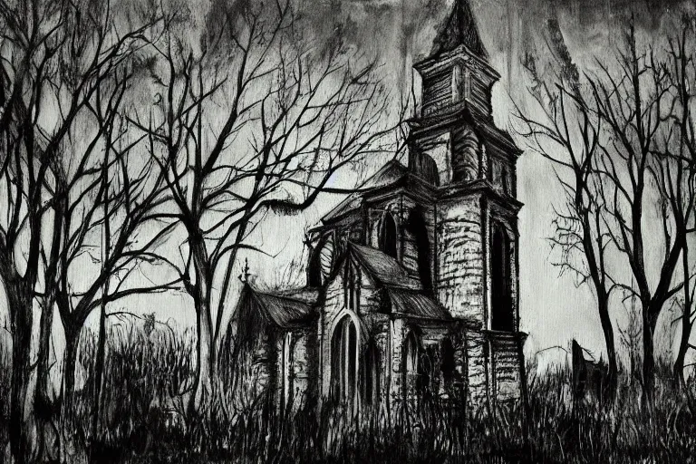 Image similar to mad horror painting of a old church in the woods by ben templesmith