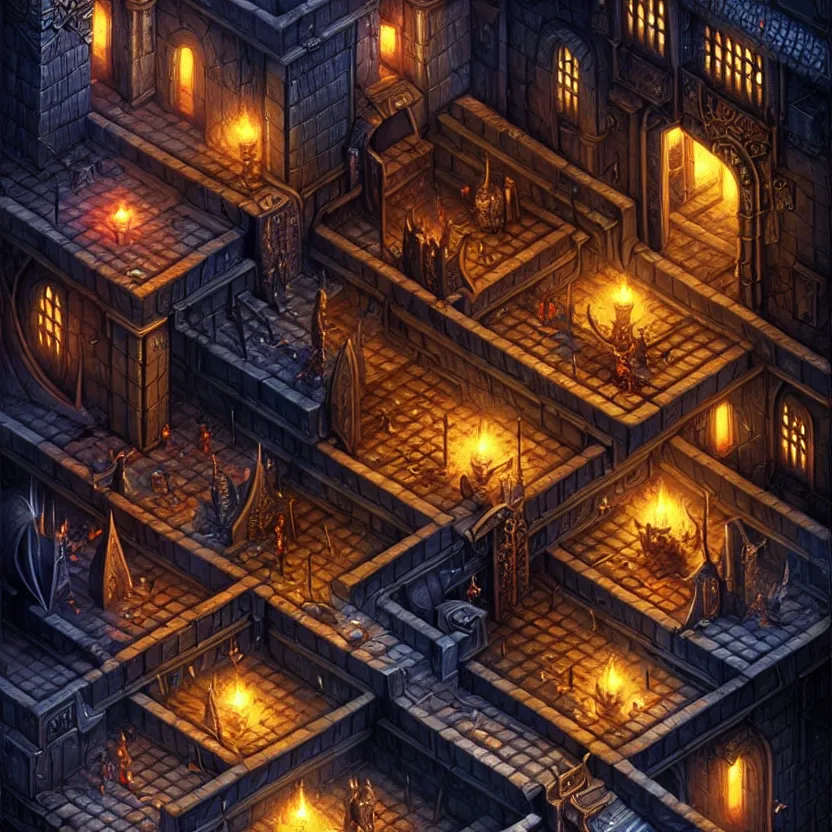 Prompt: isometric game area of a dark city from baldur's gate, game art, intricate details, ultra realistic, by art germ, by gerald brom, fantasypunk, amazing d & d art, trending cgsociety, artstation, sharp