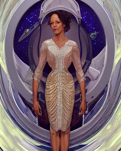 Image similar to portrait of actress Krys Marshall wearing a space suit, intricate, elegant, highly detailed, centered, digital painting, artstation, concept art, smooth, sharp focus, illustration, art by android jones and donato giancola and alphonse mucha