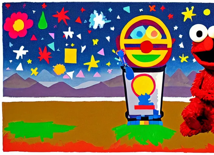 Prompt: pixel decollage painting skullhead trash can toter as tarot card fool with sesame street elmo and kermit muppet on a horse knight in a dark red cloudy night sky background and golden foil jewish stars , mountain lake and blossoming field in background, painted by Mark Rothko, Helen Frankenthaler, Danny Fox and Hilma af Klint, pixelated, neo expressionism, semi naive, pastel colors, cinematic, color field painting, cave painting, voxel, pop art look, outsider art, minimalistic. Bill Traylor painting, part by Philip Guston and Francis Bacon. art by Adrian Ghenie, very coherent symmetrical artwork, cinematic, hyper realism, high detail, octane render, unreal engine, Smooth gradients, depth of field, full body character drawing, extremely detailed, 8k, extreme detail, intricate detail, masterpiece