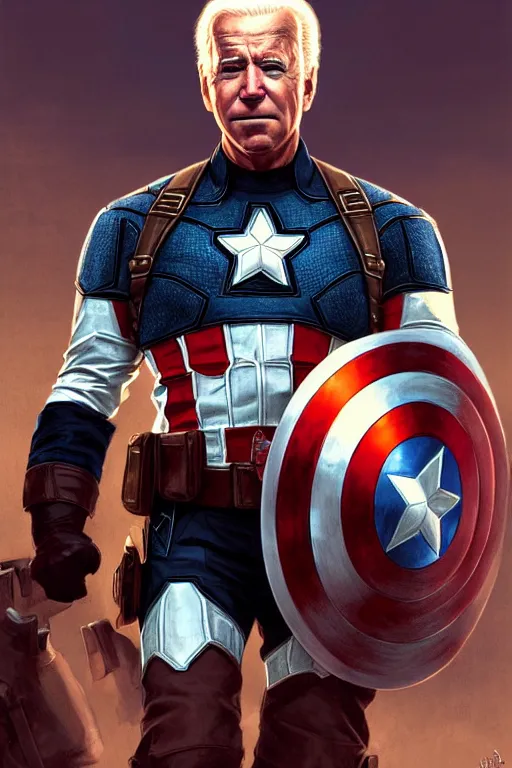 Image similar to Joe Biden as Captain America, western, D&D, fantasy, intricate, elegant, highly detailed, digital painting, artstation, concept art, matte, sharp focus, illustration, art by Artgerm and Greg Rutkowski and Alphonse Mucha