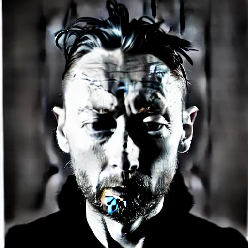 Image similar to Thom Yorke, a man with a beard and a black jacket, a portrait by John E. Berninger, dribble, neo-expressionism, uhd image, studio portrait, 1990s