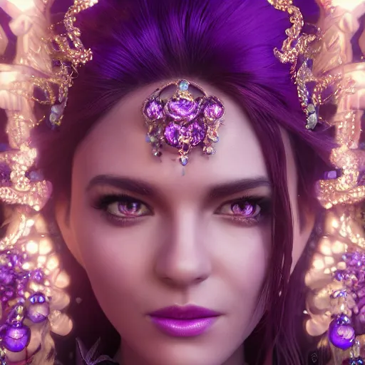 Image similar to portrait princess of amethyst, glowing, ornate and intricate purple jewelry, jaw dropping beauty, glowing background lighting, purple accent lighting, hyper detailed, fairy tale, 4 k octane render