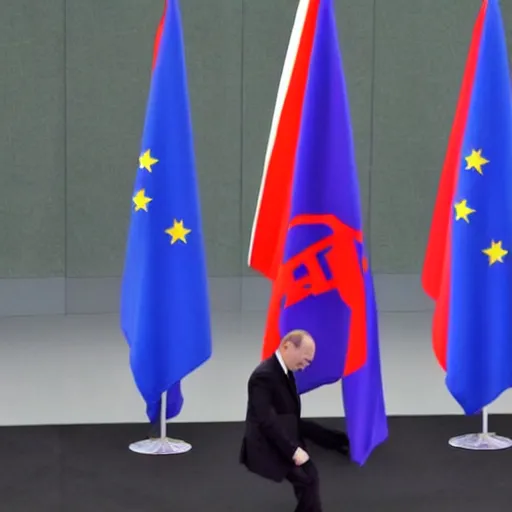 Prompt: vladimir putin bending the knee to the EU flag