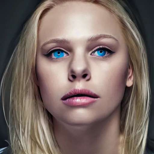 Prompt: portrait of blond girl who look like actor michael pitt green eyes hologram