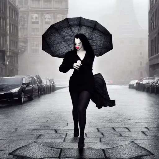 Image similar to morticia addams holding a parasol during a [ humid, rainy day ] as she saunters across the city, closeup!!!, photorealistic facial features, trending on artstation, 4 k photorealism, unsplash, shot by jimmy nelson