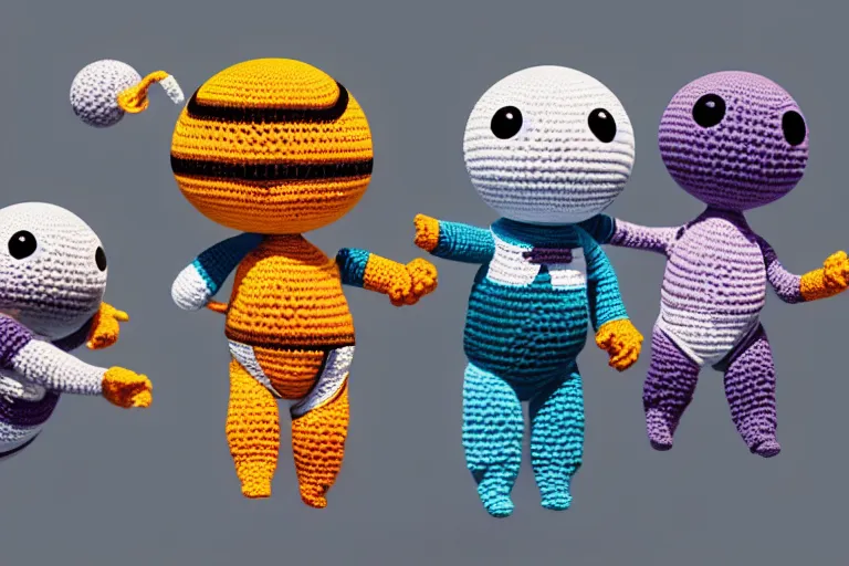 Image similar to a group of three crochet cute astronauts climbing a yarn wall. cute, illustration, digital art, inspired by little big planet, by greg rutkowski, detailed, sharp, masterpiece, highly detailed, photorealistic, octane render, 8 k, unreal engine 5, trending on artstation, vivid colors