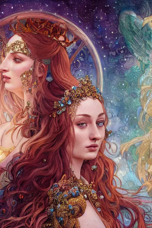 Prompt: Sophie Turner as a Goddess of the Universe, cute, fantasy, intricate, elegant, highly detailed, digital painting, 4k, HDR, concept art, smooth, sharp focus, illustration, art by artgerm and H R Giger and alphonse mucha