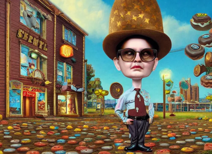 Image similar to the sheriff donut, lowbrow, matte painting, 3 - d highly detailed, in the style of mark ryden,