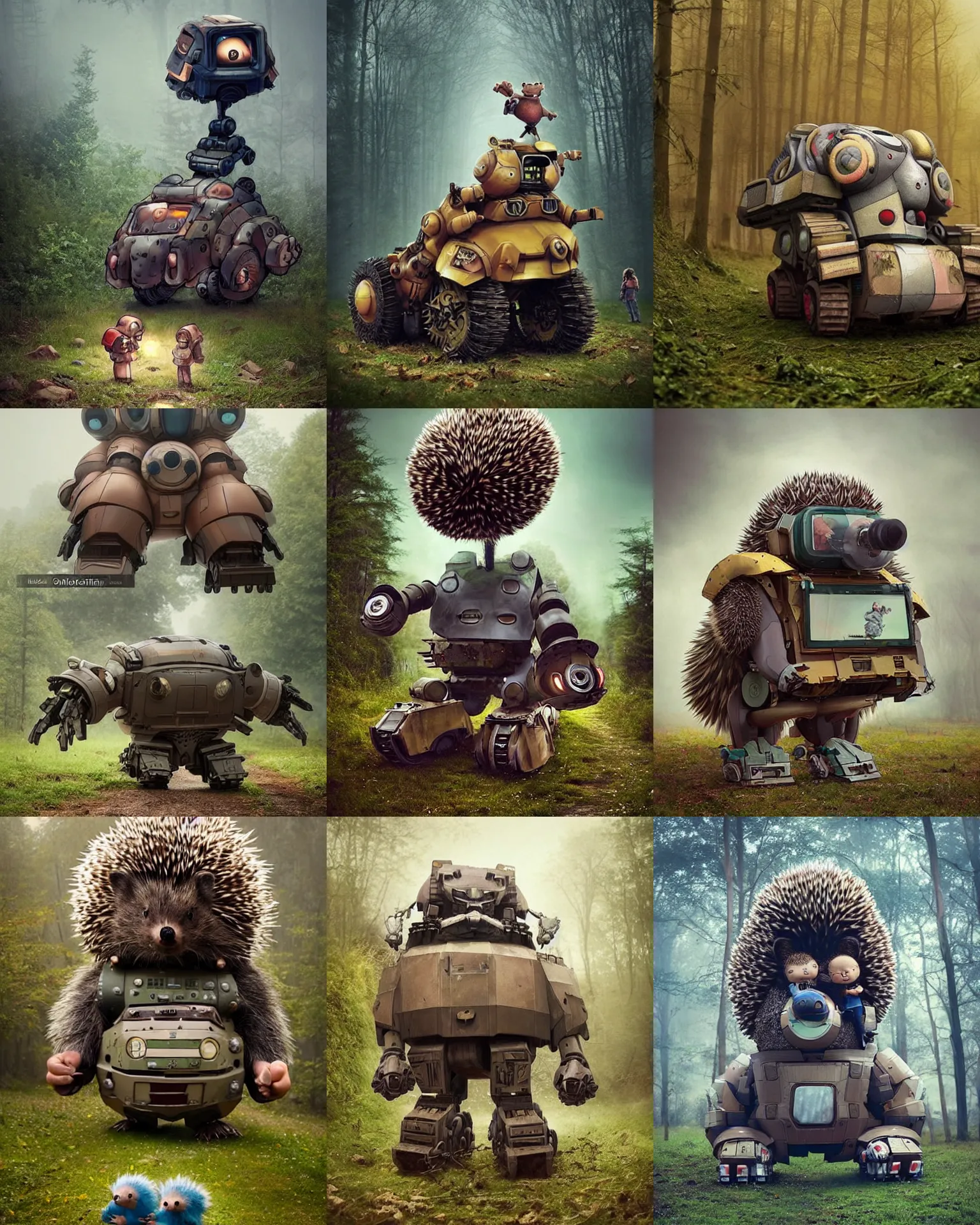 Prompt: giant oversized battle hedgehog robot wacky chubby war mech train!!! with giant oversized hair ,nose and hedgehog babies ,on forest path , full body , Cinematic focus, Polaroid photo, vintage , neutral dull colors, foggy , by oleg oprisco , by thomas peschak, by discovery channel, by victor enrich , by gregory crewdson