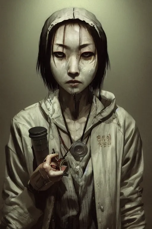 Image similar to grunge portrait of a Japanese creepy nurse girl, wearing a straight jacket in a busy Tokyo street at night, intricate artwork, nightmare fuel, terrifying, by akihiko yoshida , trending on artstation, greg rutkowski very coherent artwork. cinematic, hyper realism, high detail, octane render, 8k