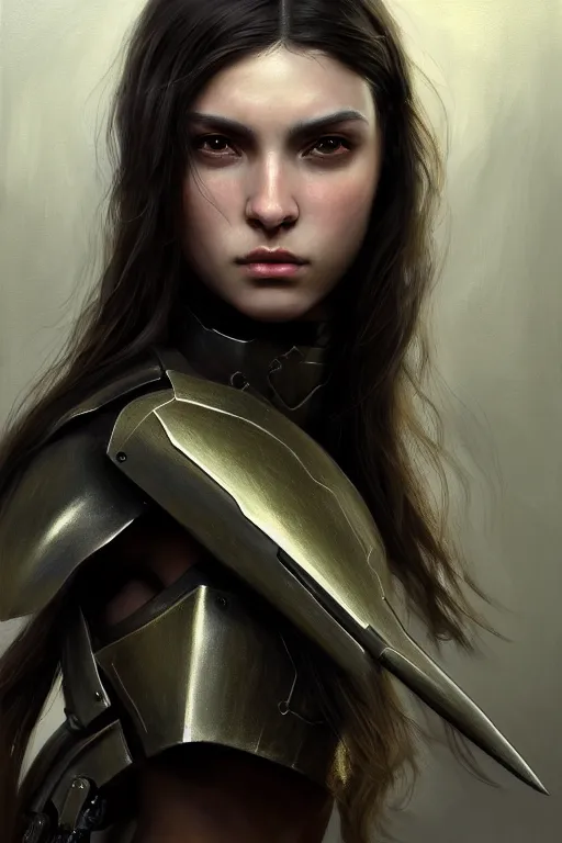 Image similar to a photorealistic painting of an attractive young girl, partially clothed in stealth-like battle armor, olive skin, long dark hair, beautiful bone structure, symmetrical face, perfect eyes, intricate, elegant, digital painting, concept art, illustration, sharp focus, minimal artifacts, from Metal Gear, in the style of Ruan Jia and Mandy Jurgens and Greg Rutkowski, trending on Artstation, award winning