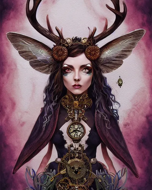 Prompt: beautiful fierce stag - headed anthropomorphic pagan druidic priestess of pentagrams with beetle wings and steampunk gun staff. noble bearing. award winning ornate symmetry matte portrait, artgerm, rhads watercolor, serenity