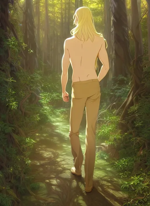 Image similar to slender young man with shoulder length shiny and sparkling golden blond hair, from behind, wearing wizard robes, lost in a forest, natural lighting, path traced, highly detailed, high quality, digital painting, by don bluth and ross tran and studio ghibli and alphonse mucha, artgerm