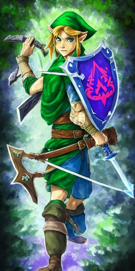 Image similar to link dressed in traditional green tunic and cap, holding the master sword and hylian shield in each hand, in dynamic fighting pose, clear detailed face with focused expression, mystical forest background, dark skies, green purple blue pink iridescent color scheme, intricately detailed, finely textured, pixiv paigeeworld drawcrowd