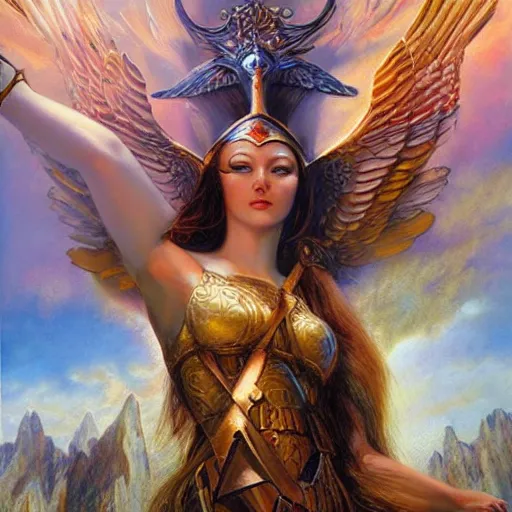 Image similar to valkyrie, norse goddess, volumetric light, global illumination, by karol bak, by lisa frank