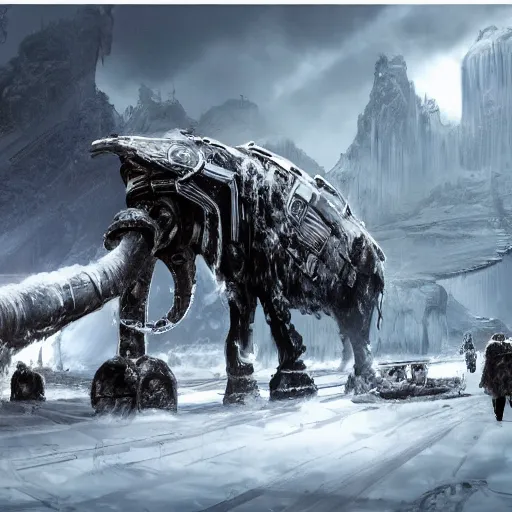 Image similar to an intricate futuristic black steam train and a giant mammoth, post - apocalyptic ice landscape with heavy snow, concept art, artstation, highly detailed, digital art