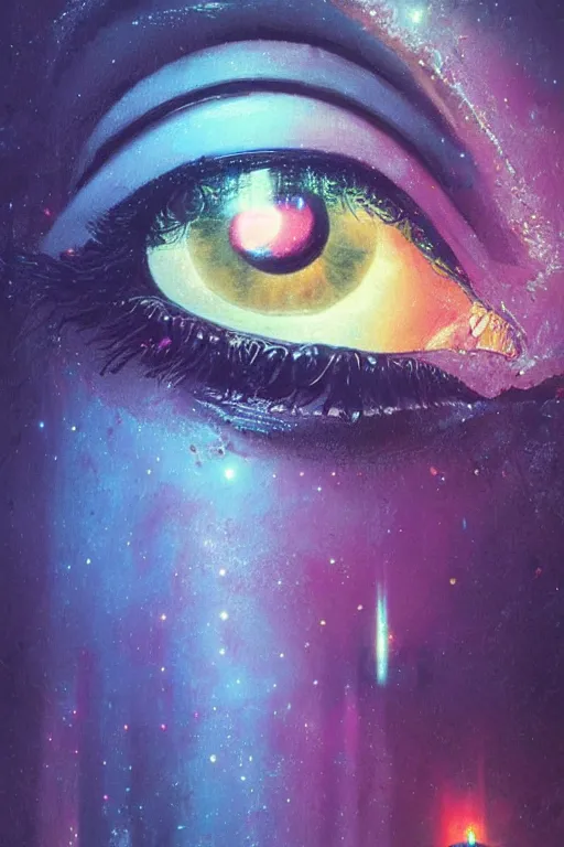 Prompt: multicolored eye, art by bruce pennington, trending on artstation, bioluminescence closeup view illustrator, american romanticism, very very elegant, 4 k hd, bauhaus