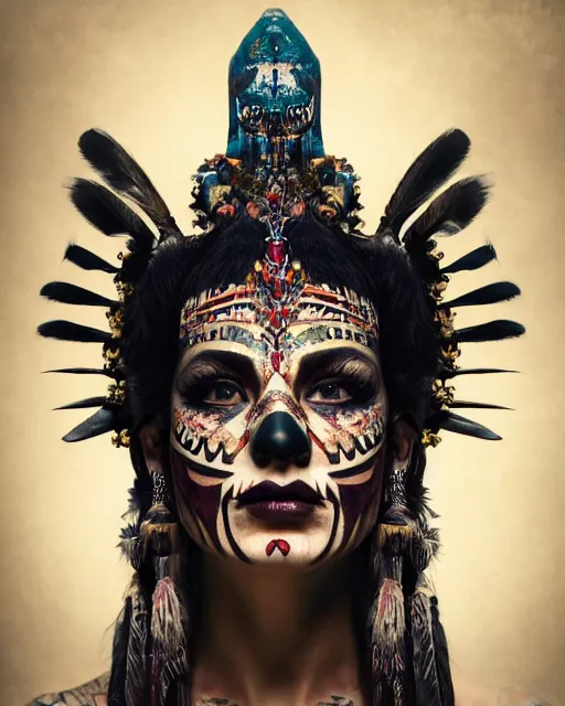 Image similar to photorealistic head and shoulders photo of beautiful female ornate fantasy indian tribal aztec warrior goddess, confident, minimal black skull warpaint, tattoos, Neil Blevins, James Paick, Natasha Tan Maciej Kuciara, Frank frazetta, arney freytag, Ritu Kumar, Sabyasachi Mukherjee, Annie Leibowitz, Magic the gathering,octane, bokeh, 8k, fashion pose, cinematic, National Geographic photo shoot, 28mm