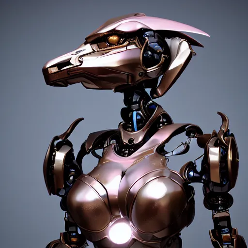 Image similar to bust of a beautiful anthropomorphic robotic mecha female dragon, with smooth and streamlined armor, standing and posing elegantly, well detailed dragon head with LED eyes and a maw, sharp and dangerous sleek design, two arms, two legs, long tail, beautiful digital art, artstation, DeviantArt, FurAffinity, professional, octane render, sunset lighting