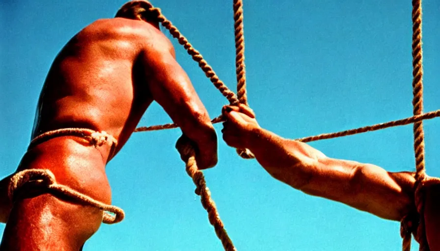 Image similar to 1 9 6 0 s movie still close - up of marcus atilius regulus tied with ropes at pole in direction of the burning sun with his eyelids teared off bleeding, cinestill 8 0 0 t 3 5 mm eastmancolor, high quality, heavy grain, high detail, texture, dramatic light, anamorphic, hyperrealistic, detailed hair