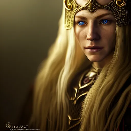 Image similar to the elder scrolls vi, charismatic regal blonde high elf female jarl, portrait, exquisitely designed throne room, atmospheric lighting, painted, intricate, volumetric lighting, beautiful, daytime, slight overcast, sharp focus, deep colours, ultra detailed, by leesha hannigan, ross tran, thierry doizon, kai carpenter, ignacio fernandez rios