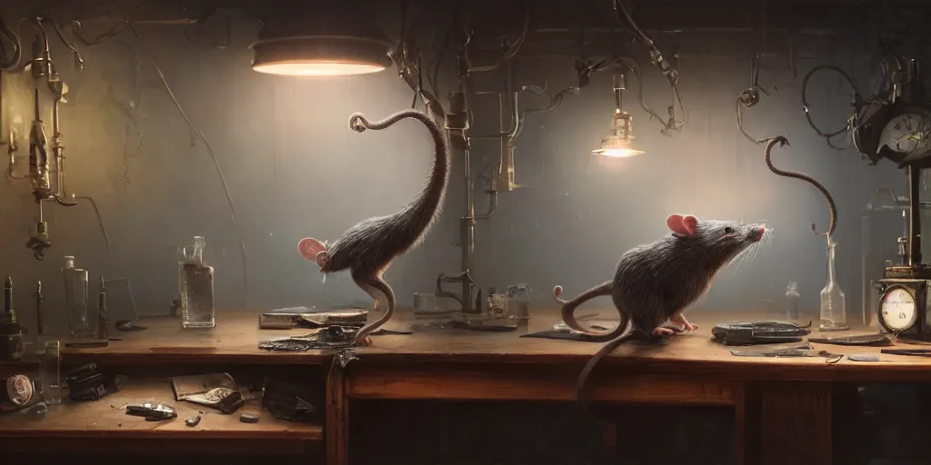 Prompt: highly realistic intricate rat standing on a desk in a laboratory with lots of flasks filled with magic liquids and poisonous fog, stephen bliss, unreal engine, fantasy art by greg rutkowski, loish, rhads, ferdinand knab, ilya kuvshinov, rossdraws, tom bagshaw, global illumination, radiant soft light, detailed and intricate environment