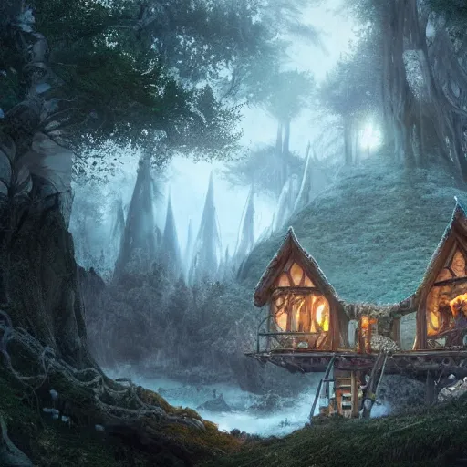 Image similar to elves living in elven treehouses, beautiful landscape, dramatic lighting, cinematic, extremly high detail, photorealistic, cinematic lighting, post processed, concept art, artstation, matte painting, style by greg rutkowsky