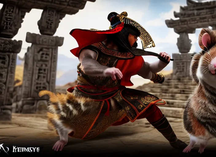 Prompt: hamster dressed as shao khan fights a cat dressed as kung lao in mortal kombat on the background of an ancient temple. fantasy magic style. highly detailed 8 k. intricate. lifelike. soft light. sony a 7 r iv 5 5 mm. unreal engine with nanite and path tracing