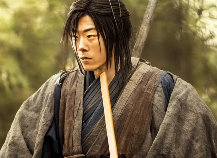 Image similar to movie still from Rurouni Kenshin, 2012, cinematic, Takeru Satoh, samurai half man half asian black bear, epic