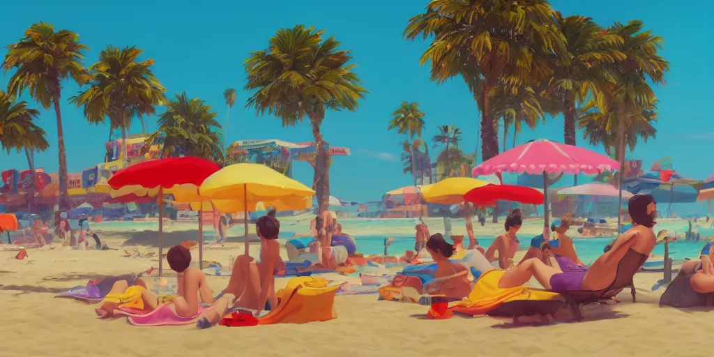 Prompt: a film still of a sunny and colourful beach scene in santa monica, los angelos, top shot, waist up, wes anderson, studio ghibli, pixar and disney animation, sharp, rendered in unreal engine 5, anime key art by greg rutkowski, bloom, dramatic lighting