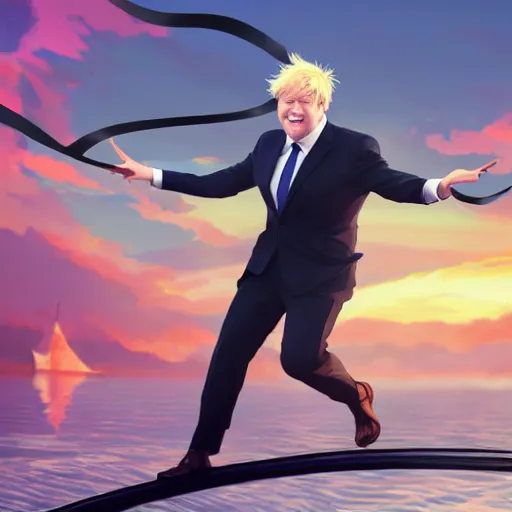 Prompt: Boris Johnson holding a ribbon wearing suit and necktie dancing on water, detailed facial features, evokes feelings of joy, beautiful flowing fabric, sunset, dramatic angle, realistic and detailed, by studio trigger, pixiv dslr photo by Makoto Shinkai rossdraws and Wojtek Fus