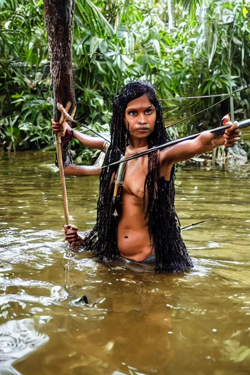 Image similar to a professional portrait photo of a sri lankan jungle woman, submerged in water, black hair, hunter, with bow and arrow, extremely high fidelity, natural lighting
