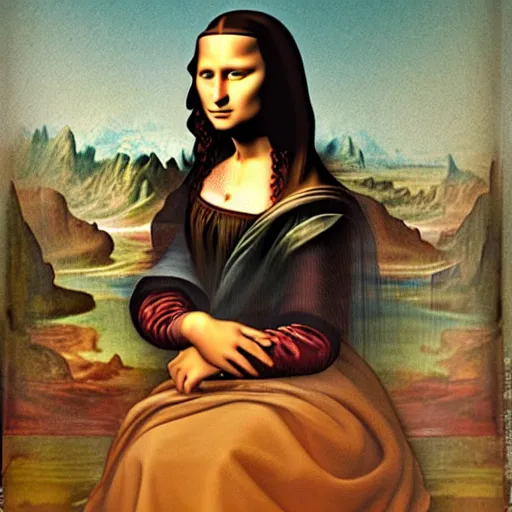 Image similar to Mona Lisa riding a bike