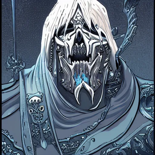 Prompt: A ultra detailed illustration of Arthas lich king, by Tomer Hanuka, trending on ArtStation,