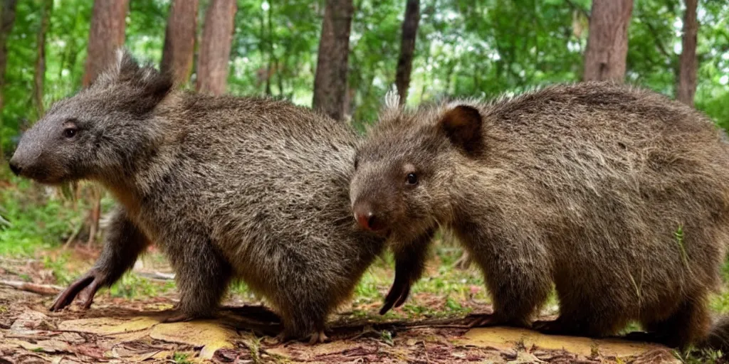 Image similar to a mythical wambot creature, half wombat and half robot, cute, lethal, forest dweller